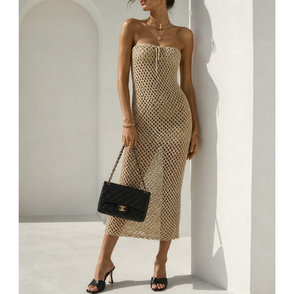 Bananhot Beige Crochet Knit Strapless Maxi Coverup Dress Size XS/S $281